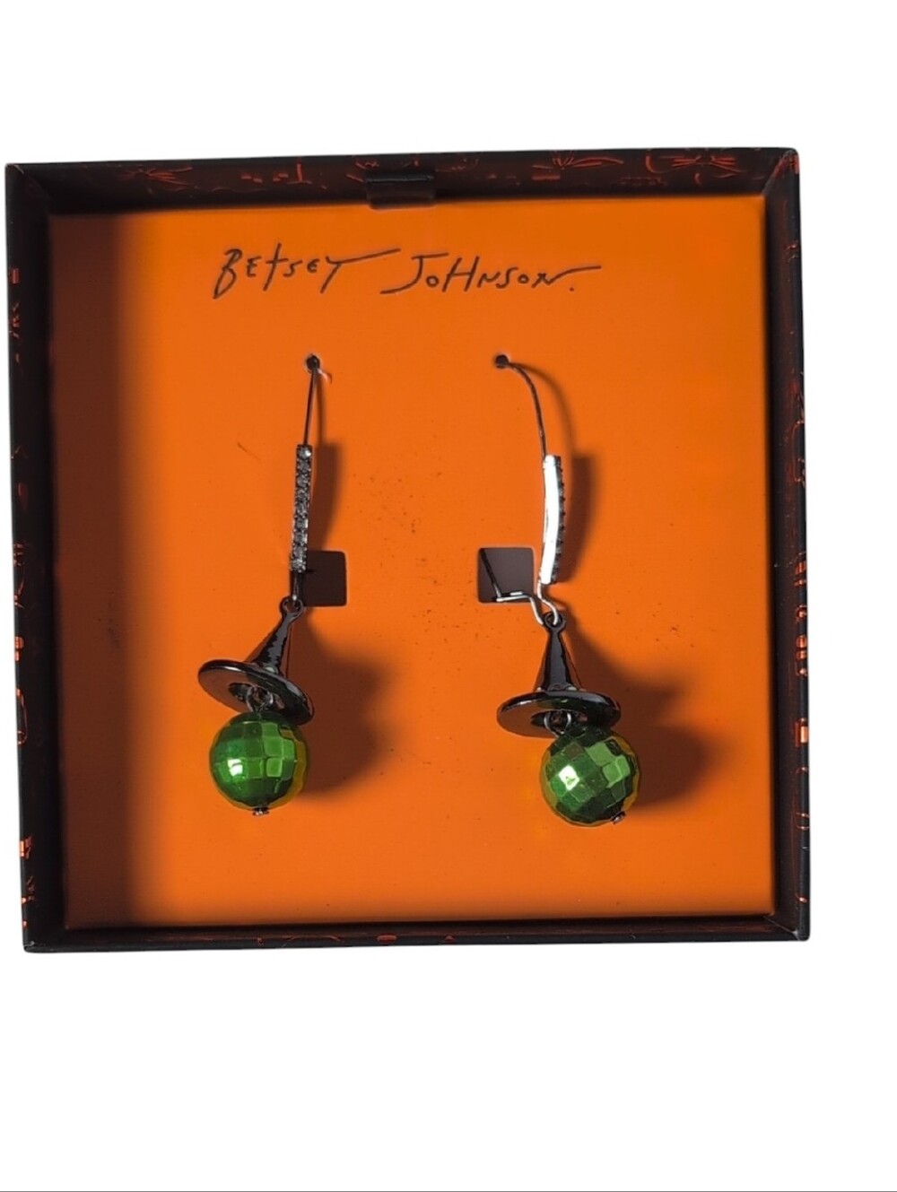 Betsey Johnson Green Disco Ball Witch Hat Dangle Earrings